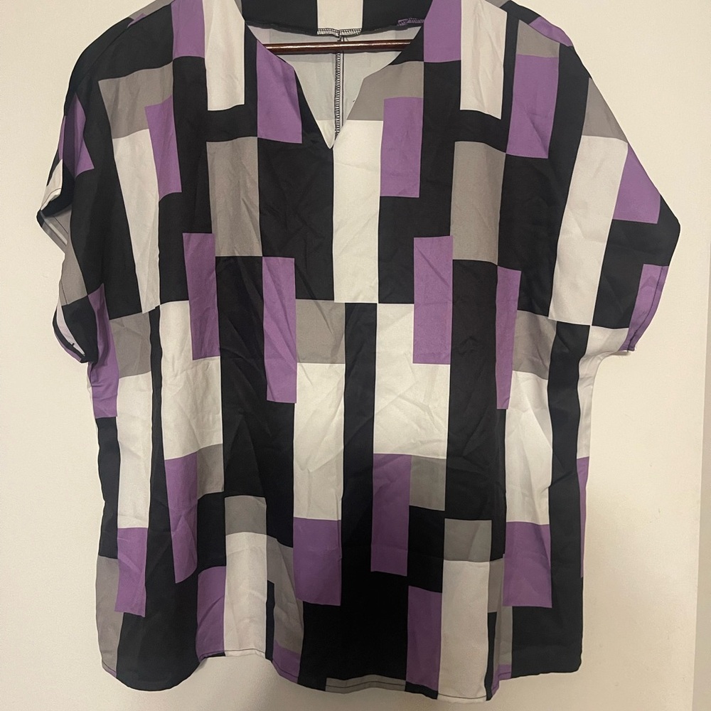 Black and Pink Boxy Graphic Blouse with Mandarin Collar